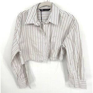 Zara Womens Cropped Poplin Long Sleeve Button Up Shirt Size Small Distressed